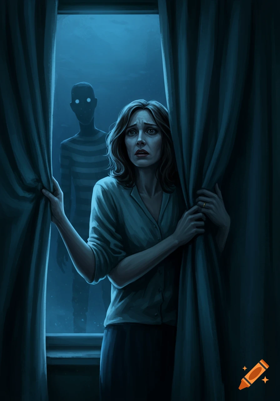 A terrified woman peeks through curtains at night as a shadowy figure with glowing eyes in striped clothing stares in from outside the window.