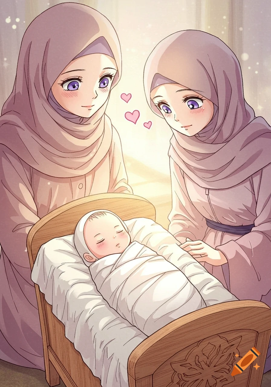 Two anime women in hijabs affectionately look down at a sleeping baby wrapped in white in a wooden cot, with pink hearts floating between them.