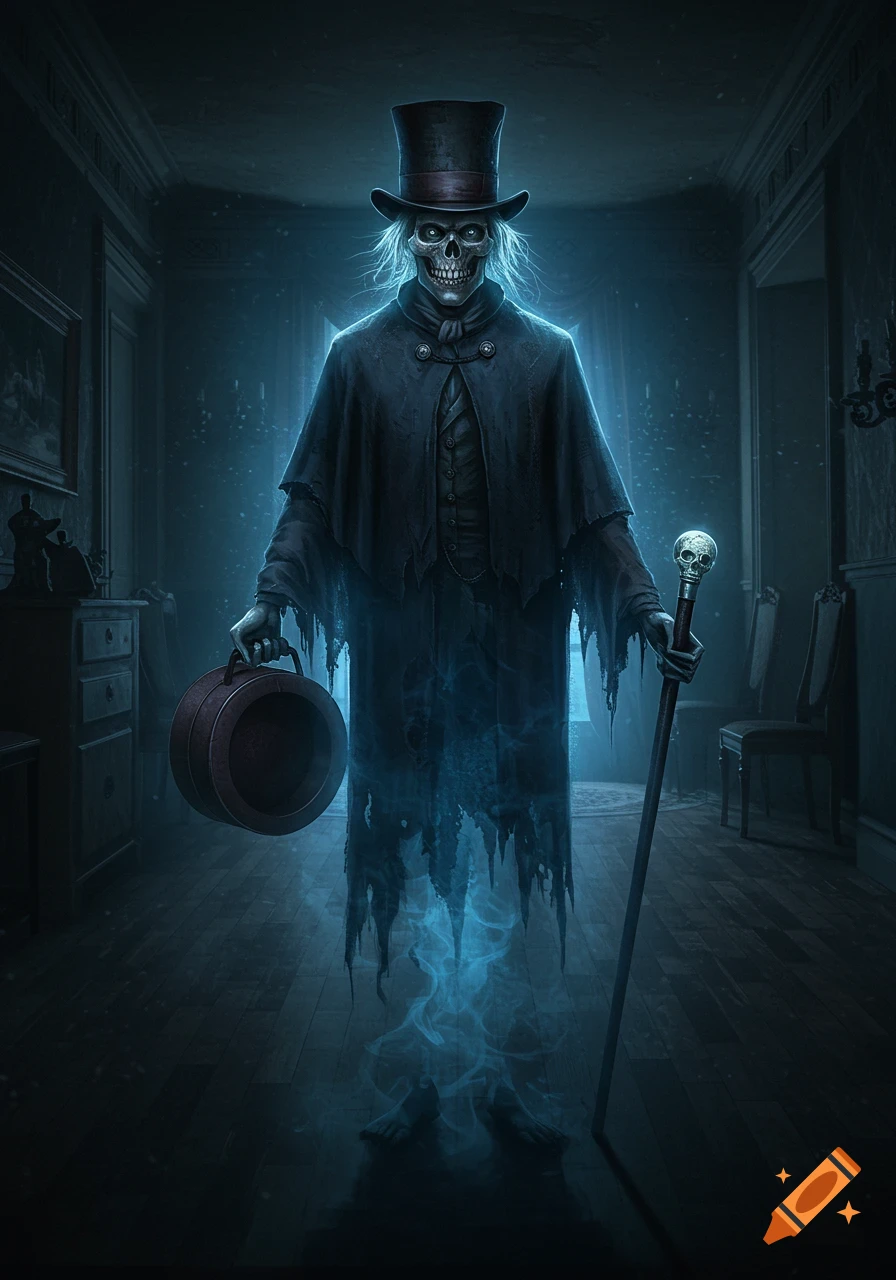 A skeletal ghost with a top hat, cloak, and devious grin stands in a dark mansion hallway, holding a hatbox and cane, glowing blue.