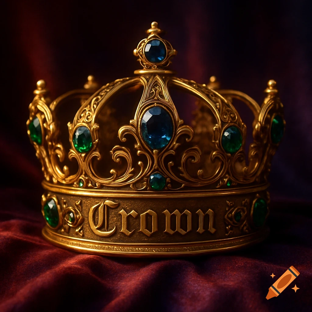 A detailed golden crown adorned with blue and green jewels, with the word "Crown" inscribed on its base, resting on red velvet.