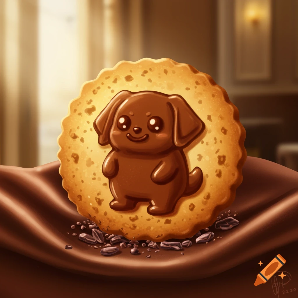 A round, golden-brown cookie with a cute chocolate puppy figure in the center, resting on a bed of melted chocolate and chocolate shavings.