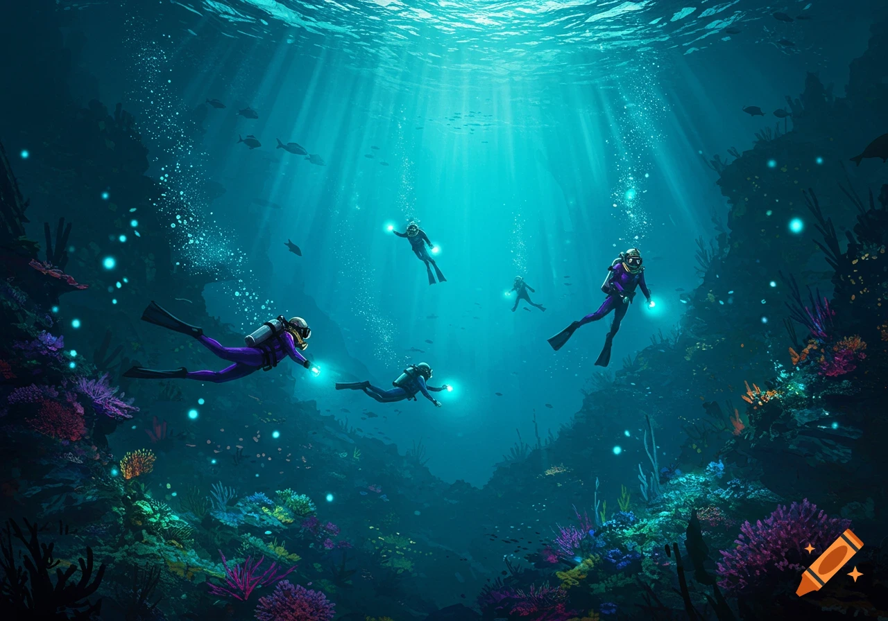 Several divers with lights explore a vibrant coral reef underwater with sun rays shining through the clear blue water, illustration.