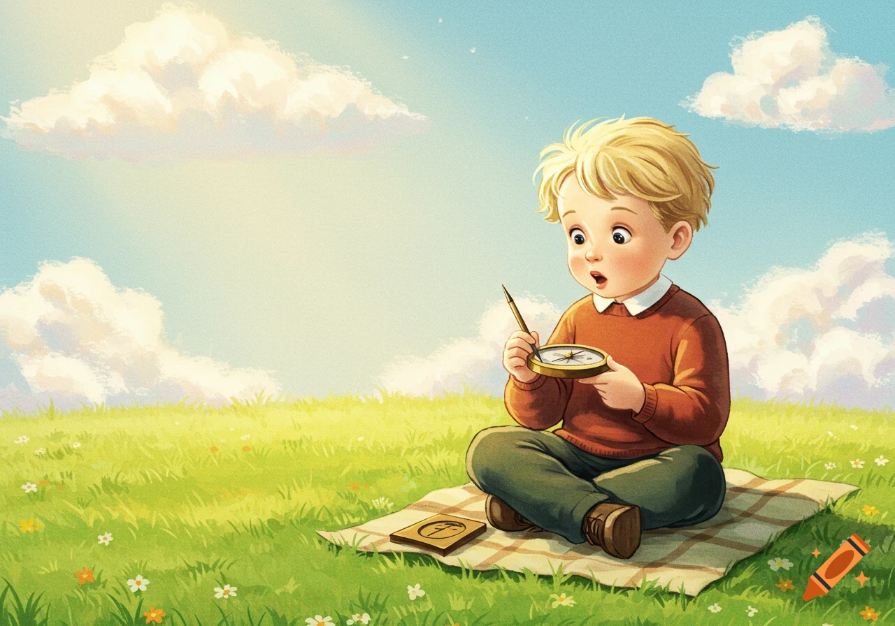 Watercolor illustration of a young boy with blonde hair sitting on grass, looking at a compass with wonder under a sunny sky.