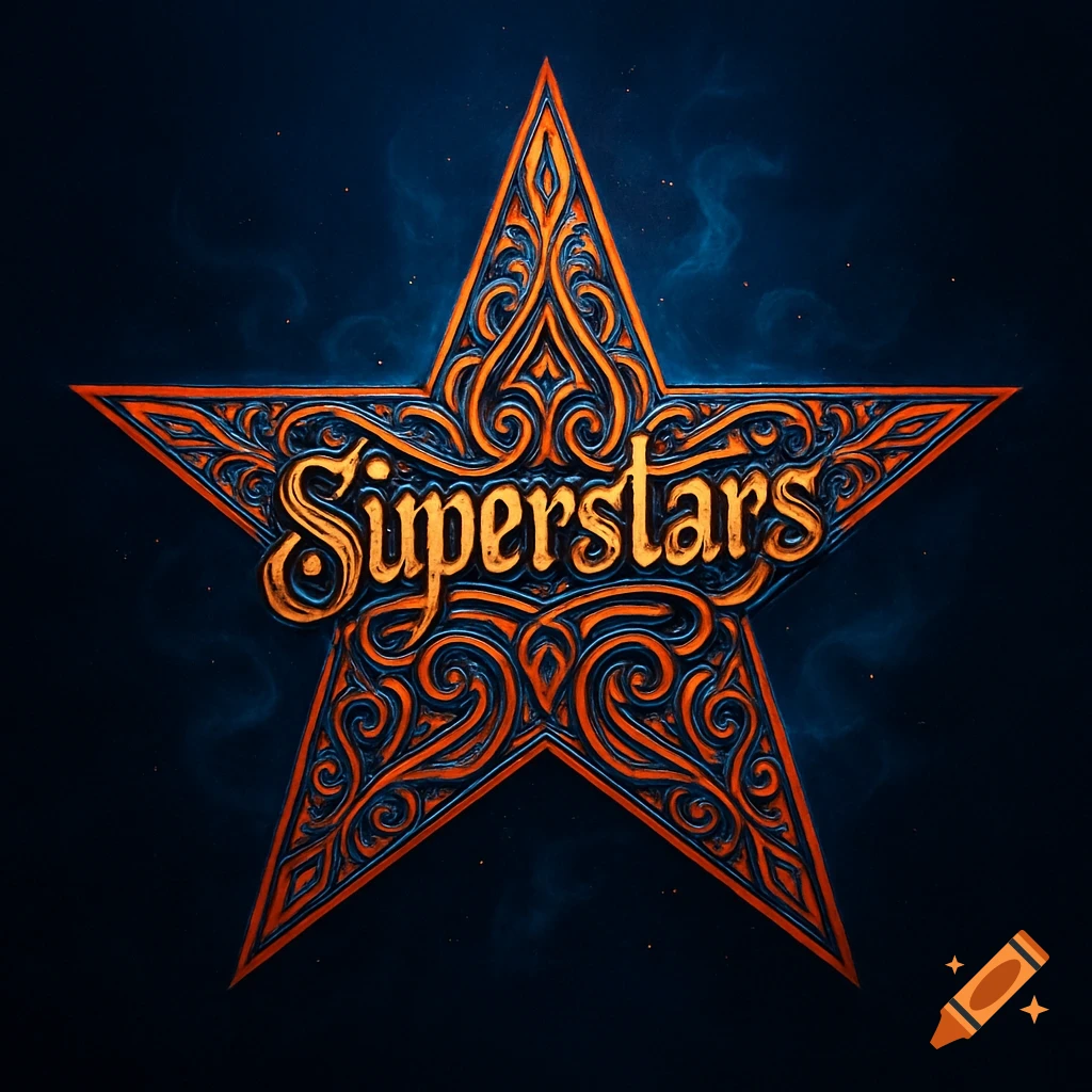 Ornate orange and blue tribal star with 'Superstars' text, on a dark blue background with smoky accents.