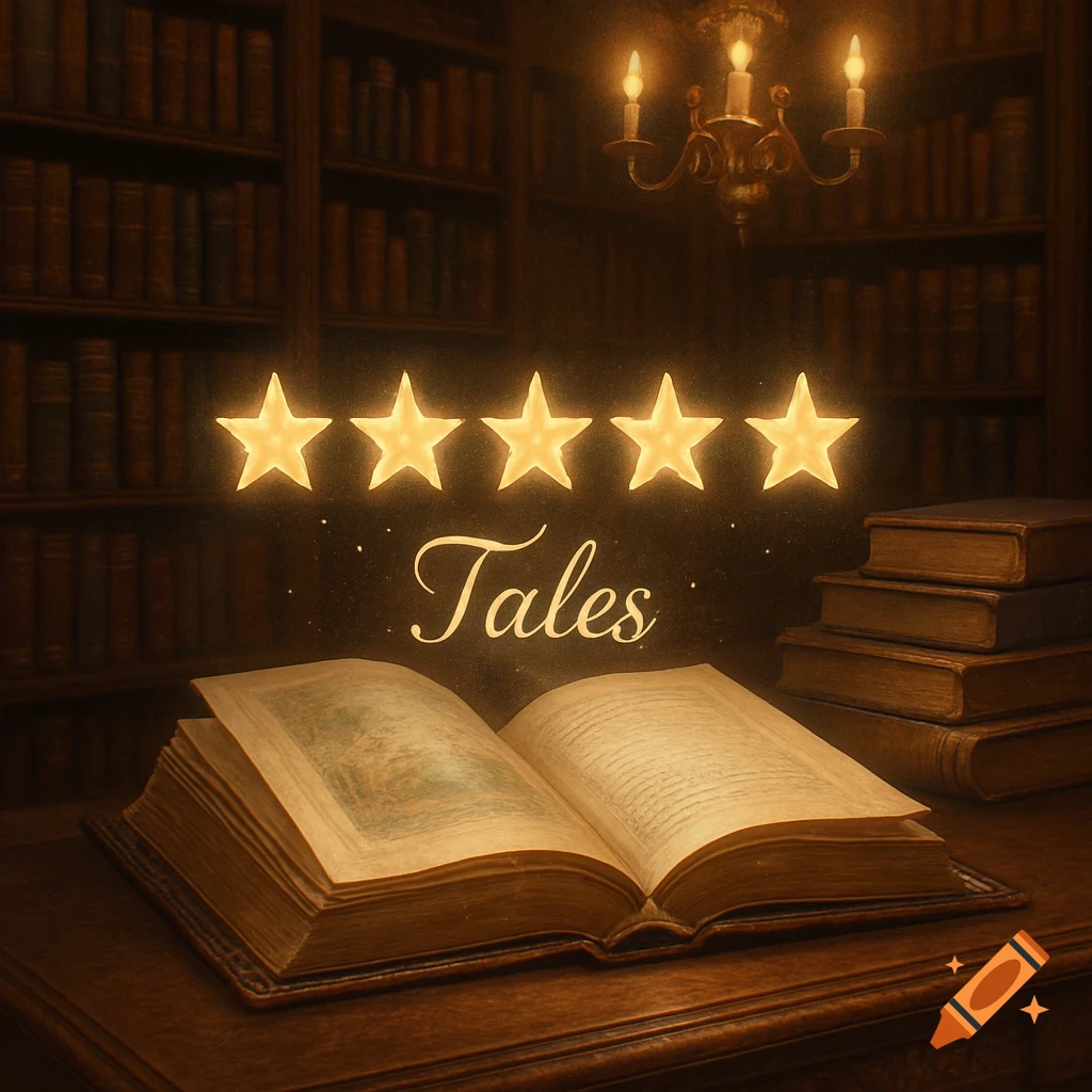 An open old book on a wooden desk with five glowing stars and the word 'Tales' above it, in a dimly lit library.