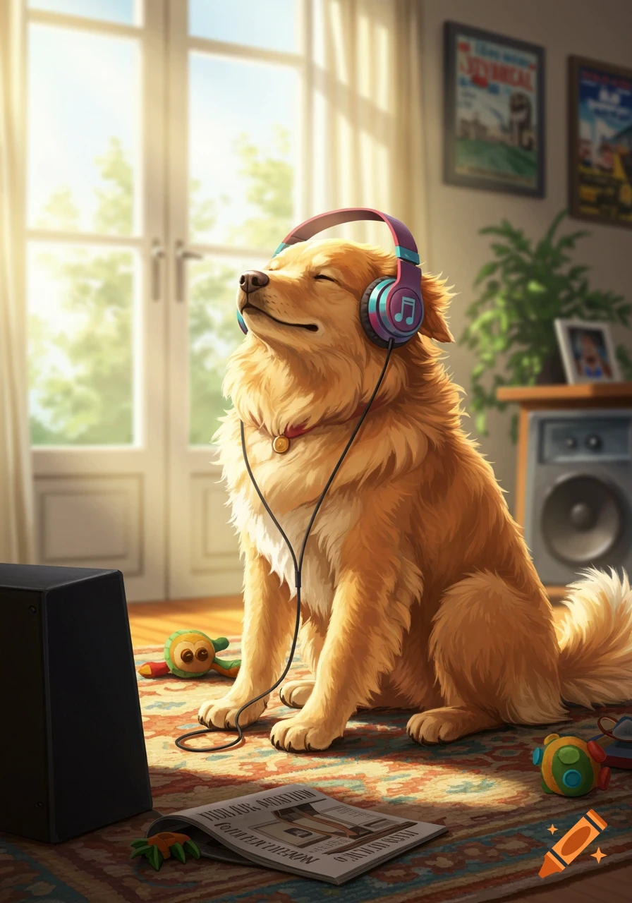 A fluffy golden-brown dog with colorful headphones on, eyes closed, sitting on a patterned rug in a sunlit room, enjoying music.