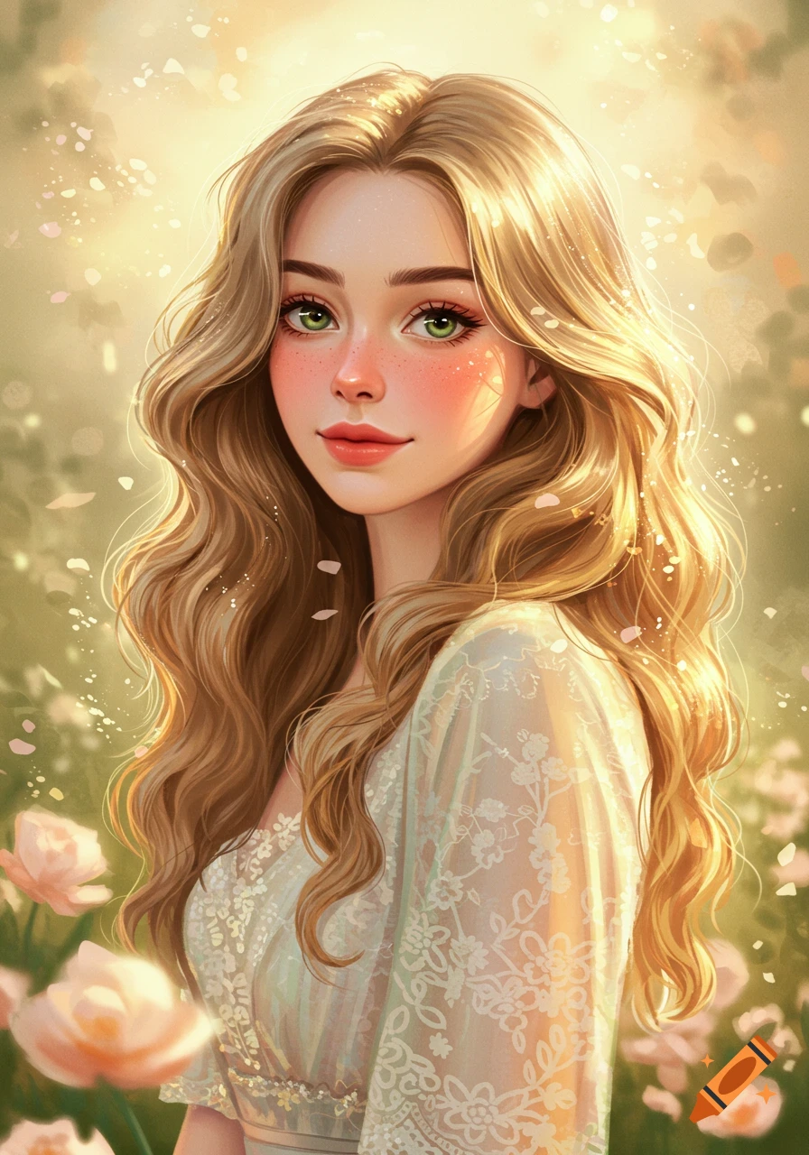 A digital painting of a beautiful woman with long blonde hair and green eyes, wearing a white lace dress in a sunlit garden.