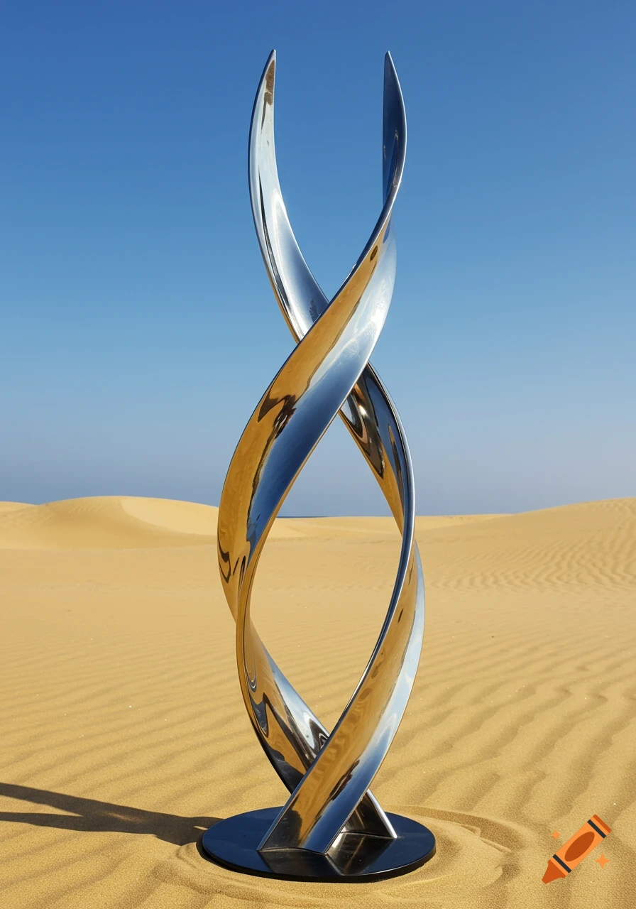 A tall, twisting, shiny silver abstract sculpture stands in a vast desert with sand dunes under a clear blue sky.