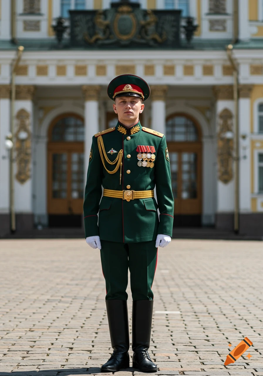 Photorealistic full-body portrait of a Russian officer in a green and gold parade uniform, standing at attention outdoors.