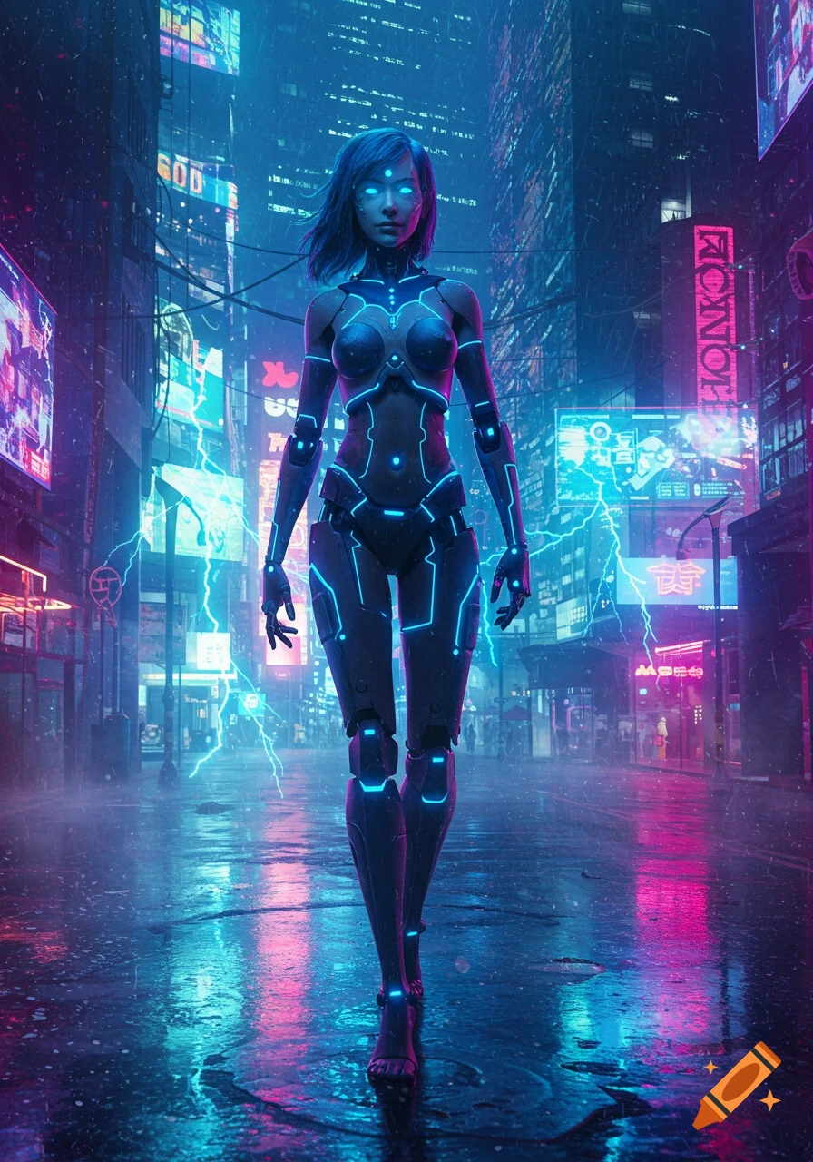 A female cyborg with glowing blue eyes walks down a wet street in a futuristic cyberpunk city with vibrant neon lights.