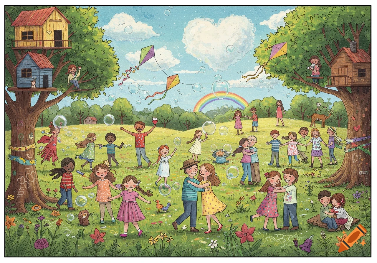Whimsical illustration of diverse people dancing, playing, and hugging in a joyful park with treehouses, kites, and a rainbow.