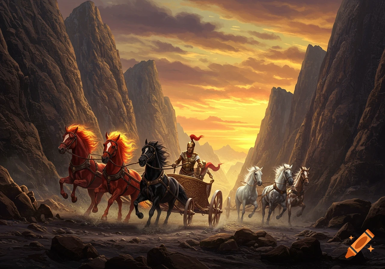 A charioteer drives a chariot pulled by red and black horses, with white and brown horses running behind, through a mountainous landscape under an imposing sunset sky.