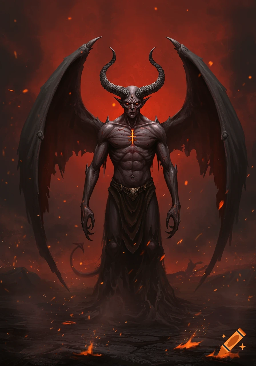 Muscular horned demon with large wings, glowing red eyes, and a fiery symbol on its chest stands in a hellish landscape.