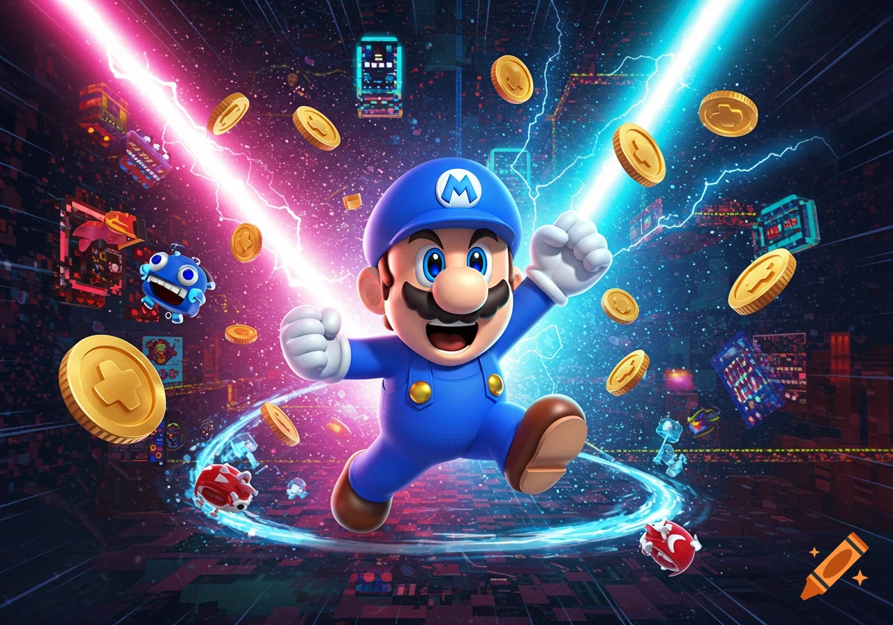 A blue-clad Mario-like character, SMG4, leaps through a vibrant digital world with lightning and gold coins, in a dynamic digital art style.