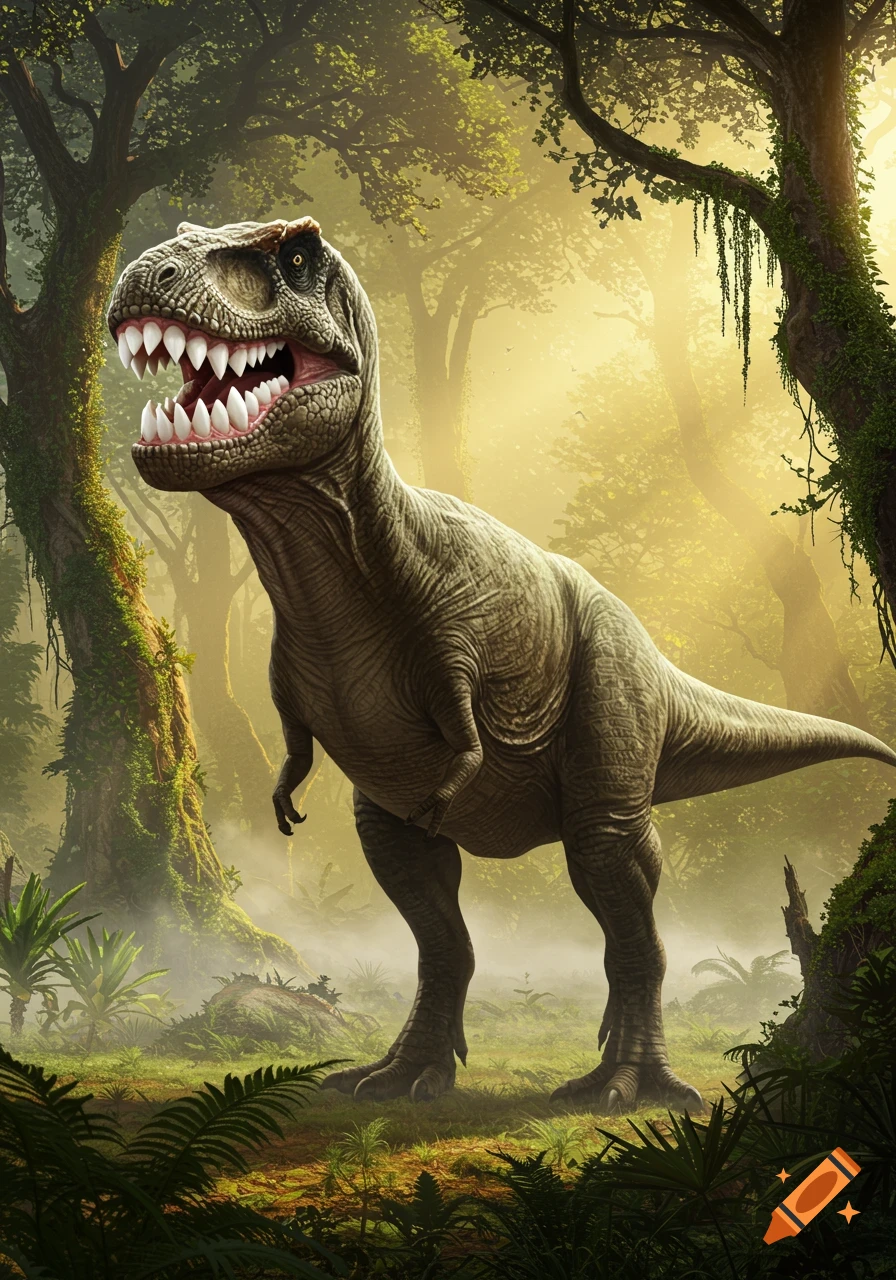A realistic Tyrannosaurus Rex with human-like teeth roars in a lush, misty jungle with sunlight streaming through the trees.