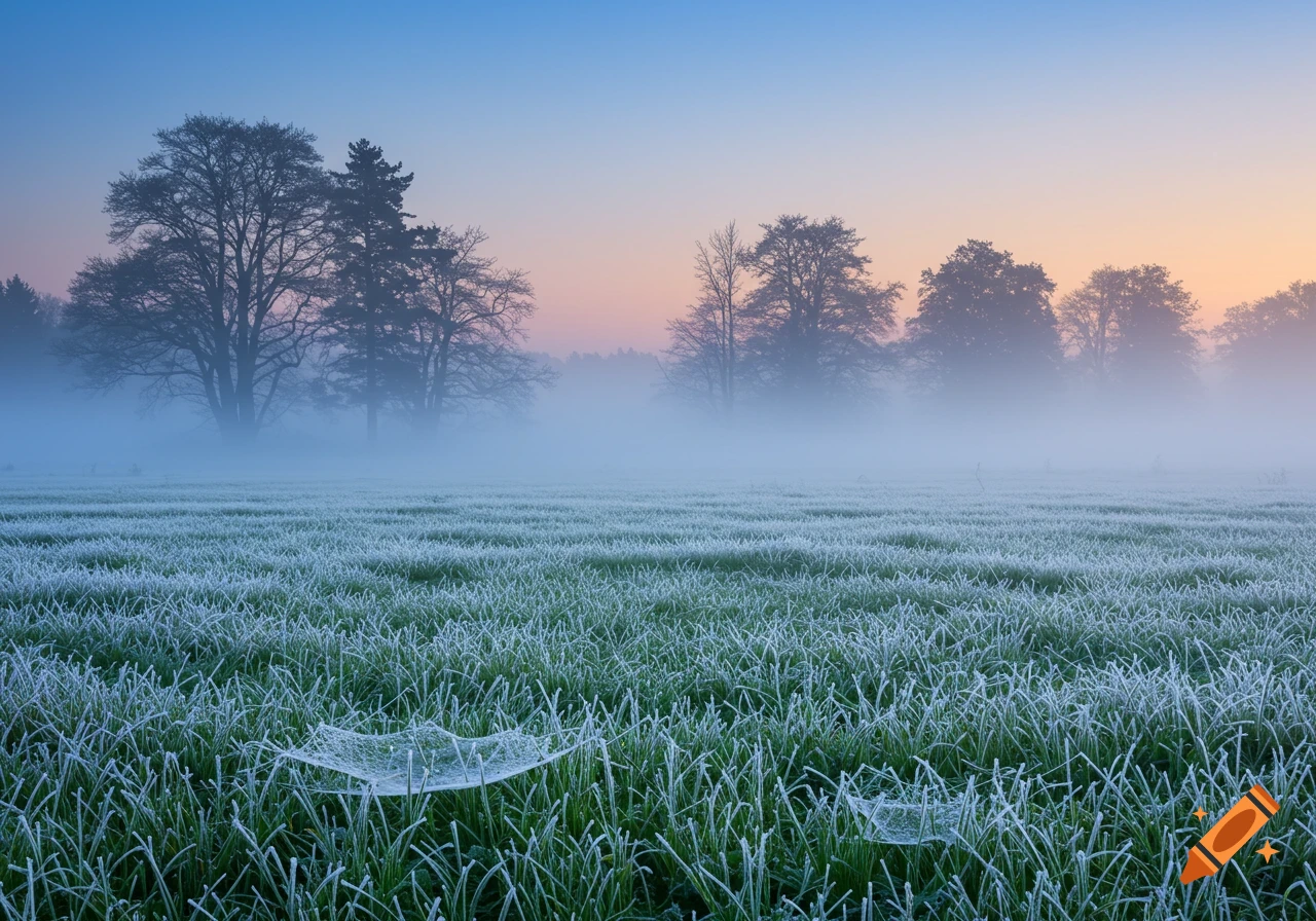 A serene landscape of a frosty, misty field with trees silhouetted against a sunrise sky.