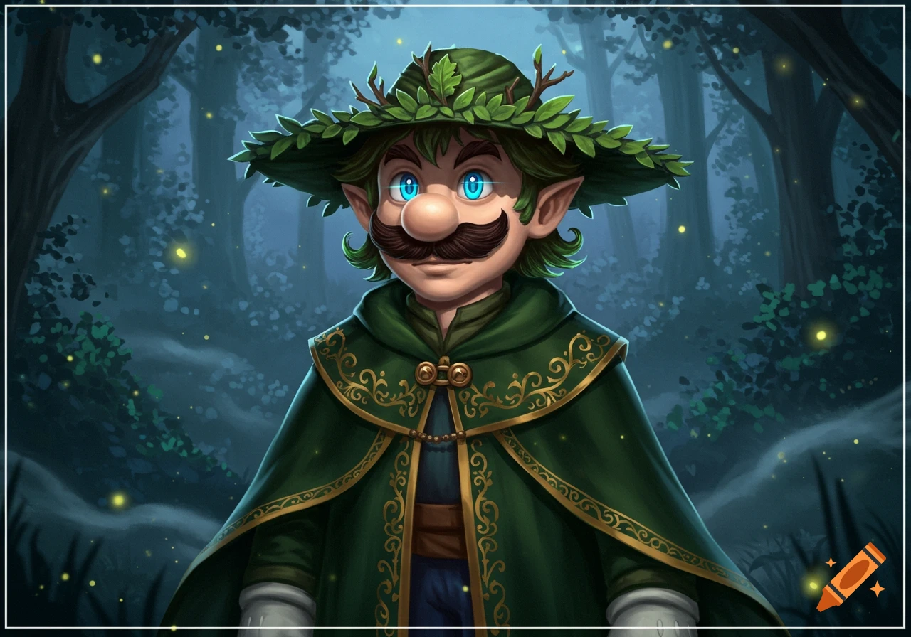 Luigi as the Erlking, with elven ears, a leafy hat, and ornate green cloak, stands in a dark, glowing forest.