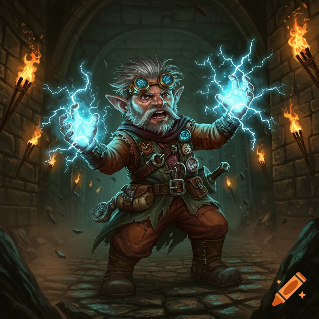 A fantasy art illustration of a grizzled gnome artificer with goggles casting blue lightning magic in a torch-lit dungeon.