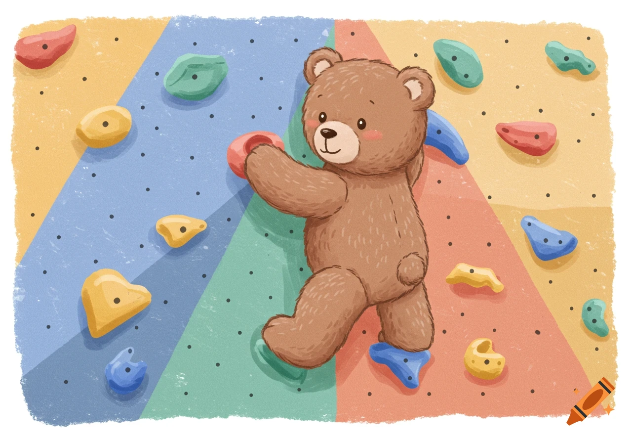 A cute brown teddy bear climbs a colorful rock climbing wall in a children's illustration style.
