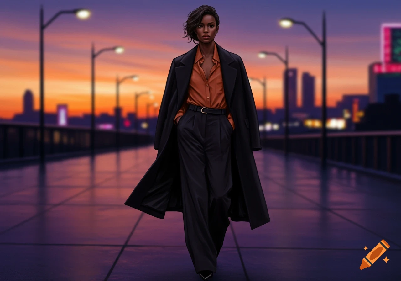 A stylish woman in a black overcoat, orange shirt, and black wide-leg pants walks confidently on a city bridge at sunset.