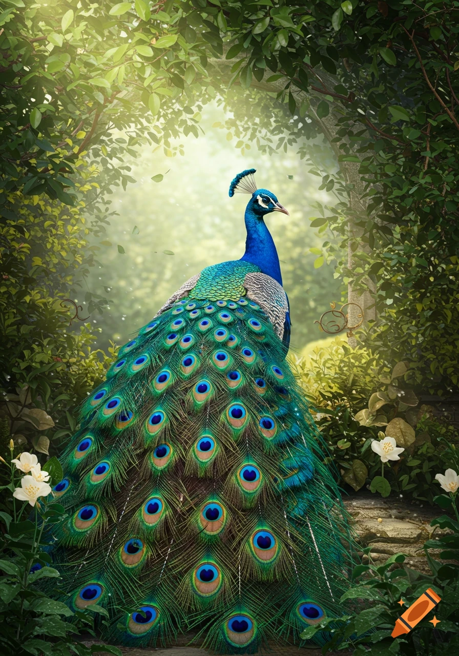 A vibrant peacock with its tail fanned stands in a sunlit, mystical forest with lush green foliage and white flowers.