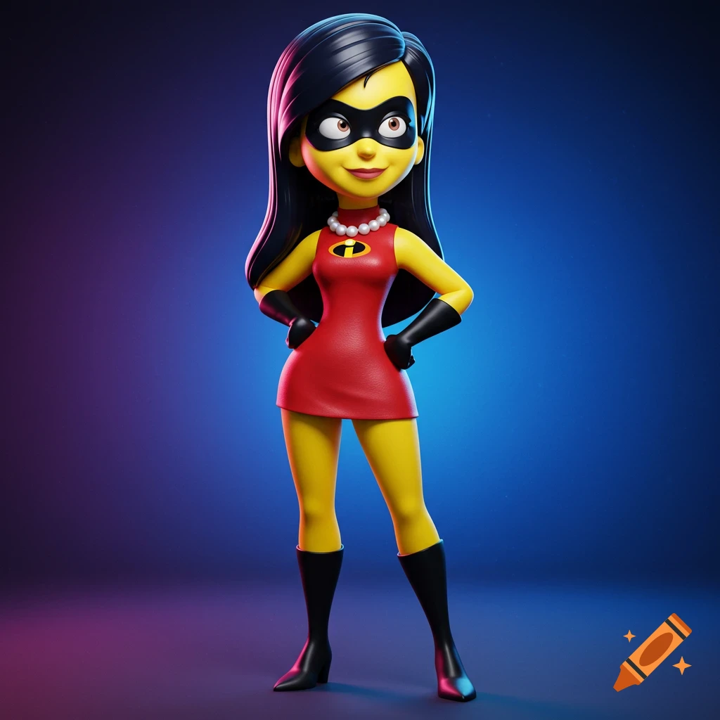 3D render of Violet from The Incredibles in a red dress with the 'I' logo, black mask, and yellow skin, standing on a blue background.