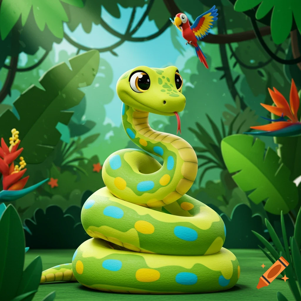 A cartoon green snake with blue and yellow spots coiled in a vibrant jungle, with a colorful parrot flying overhead.
