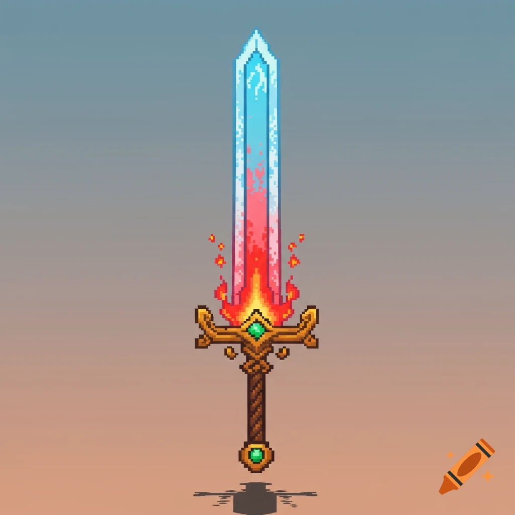 Pixel art fantasy sword with a flaming hilt and an icy blue blade, floating against a gradient sky.