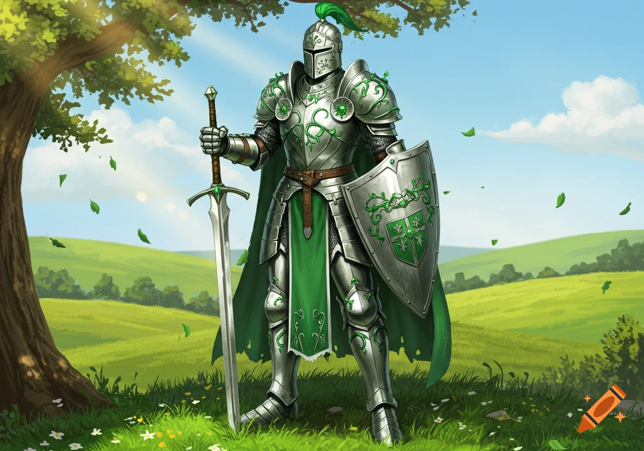 A knight in ornate silver and green armor, holding a sword and shield, stands in a vibrant green field under a tree.