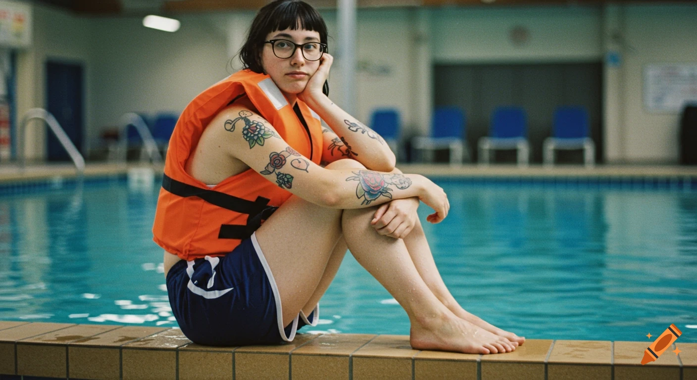 A woman with bangs, glasses, and tattoos wears an orange lifejacket and blue shorts, sitting at the edge of an indoor pool.