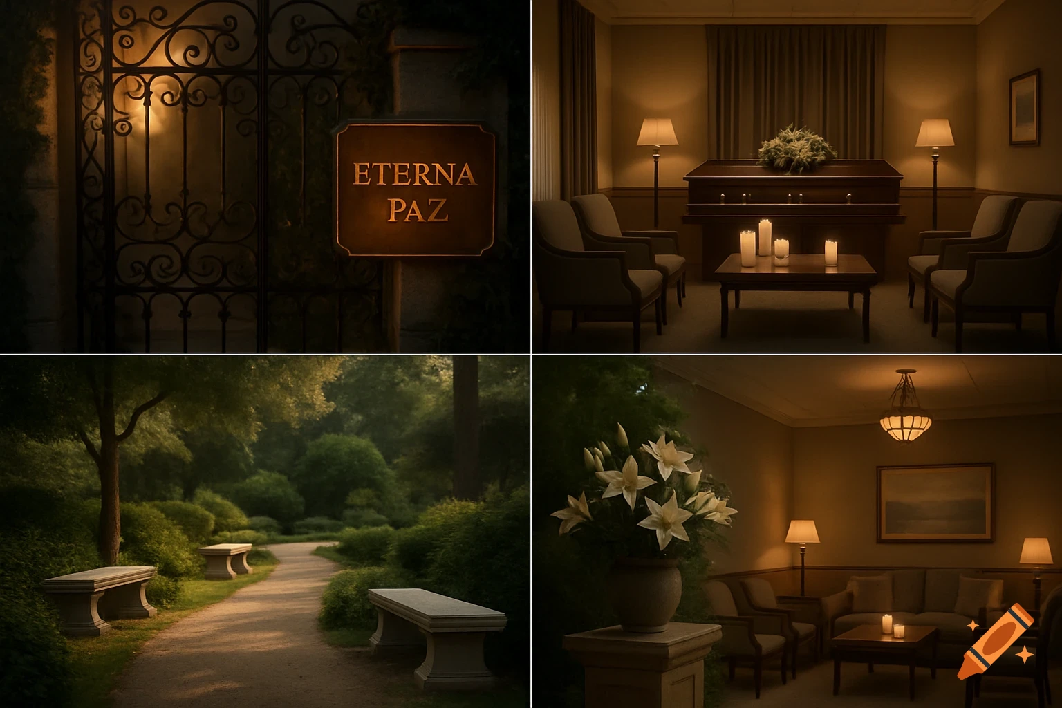 A four-panel image shows a gate with an "ETERNA PAZ" sign, a funeral room with a coffin and candles, a serene garden path with benches, and an interior room with a vase of lilies.