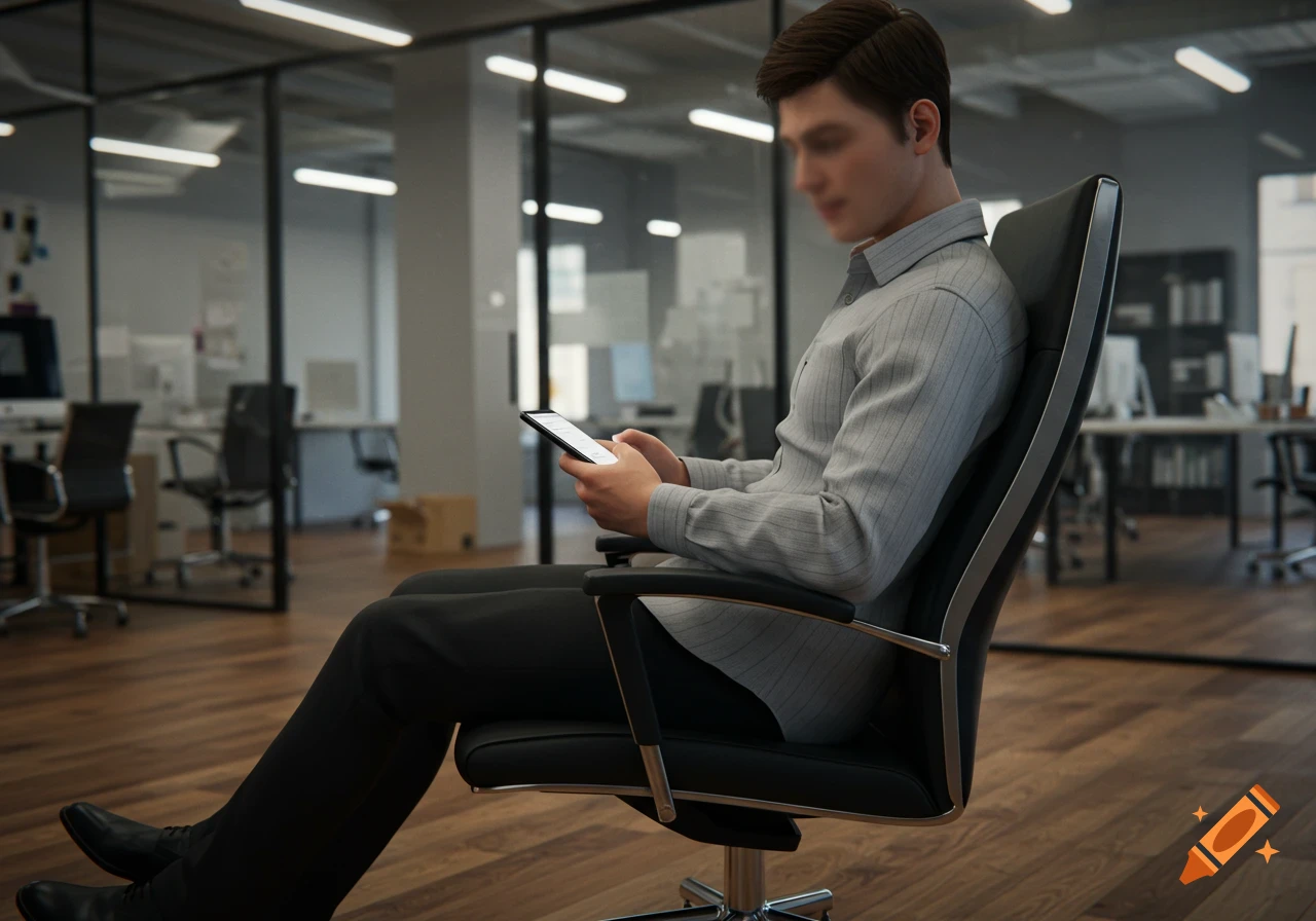 Young man in a light gray shirt sitting in a modern office, using a mobile phone. Realistic style.