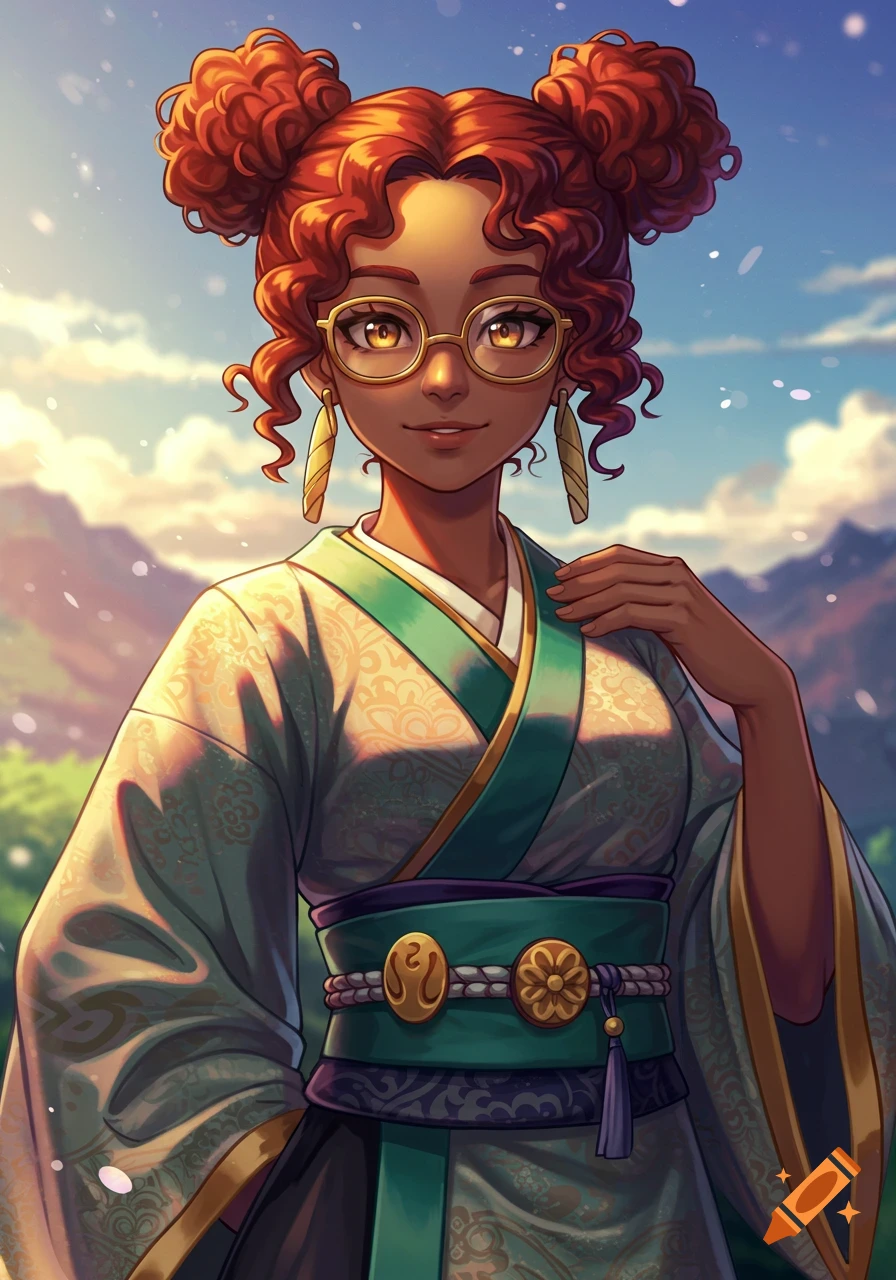 An anime illustration of a young woman with curly red hair in buns, wearing glasses and a green and gold patterned kimono, against a bright mountain background.