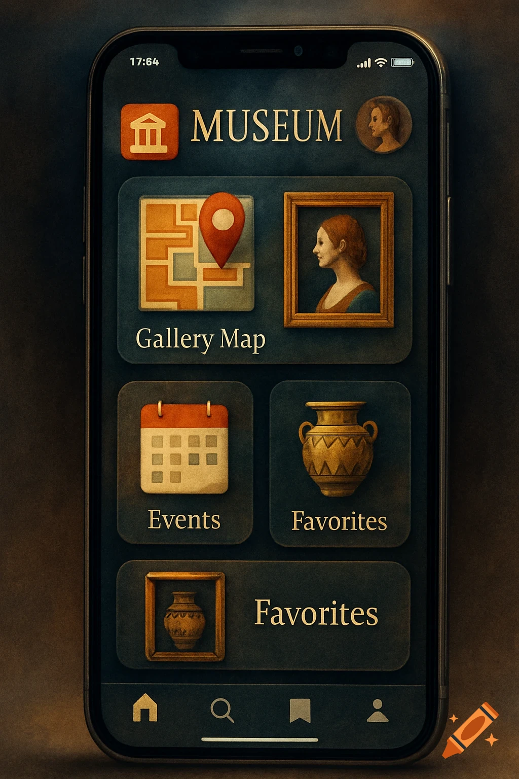 A smartphone displaying a dark-themed museum app interface with icons for map, events, and favorites in a painterly style.