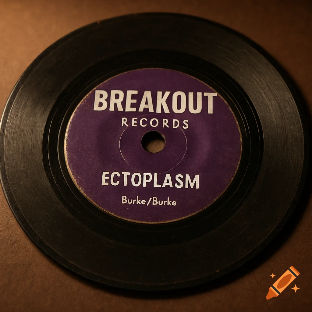 An old dark 45rpm vinyl record with a purple label reading 'BREAKOUT RECORDS', 'ECTOPLASM', and 'Burke/Burke' in silver text.