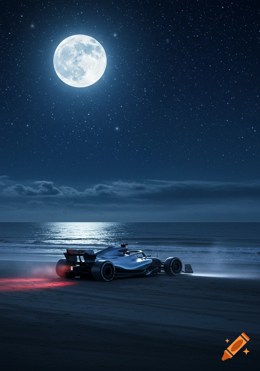 Photorealistic F1 car on a moonlit beach at night with glowing red taillights.