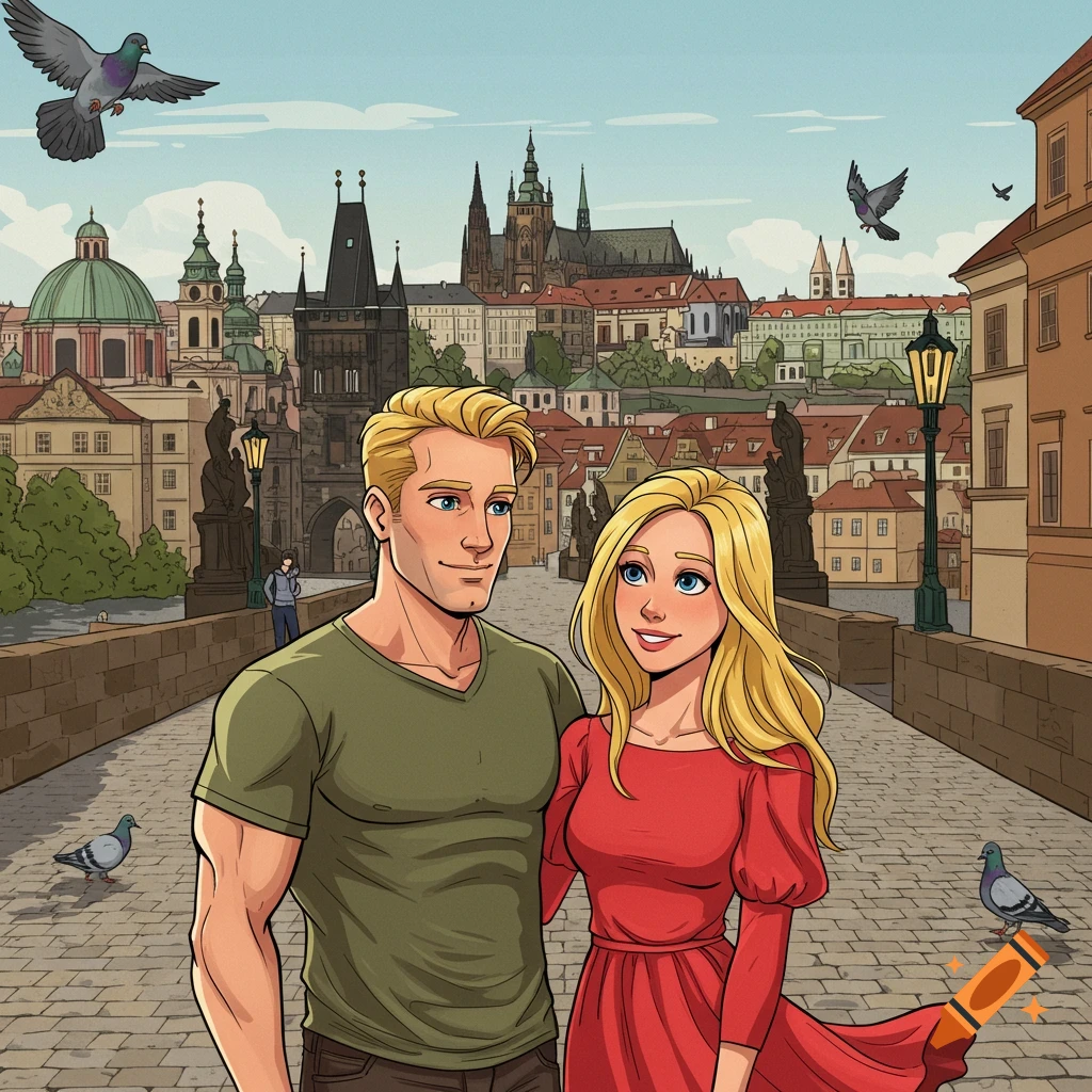 Comic art illustration of a happy couple standing on Charles Bridge in Prague, with historical buildings and pigeons.
