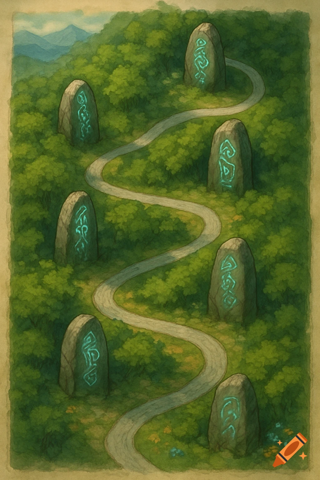 A watercolor map shows a winding path through a lush green forest, marked by six glowing runestones, with mountains in the distance.