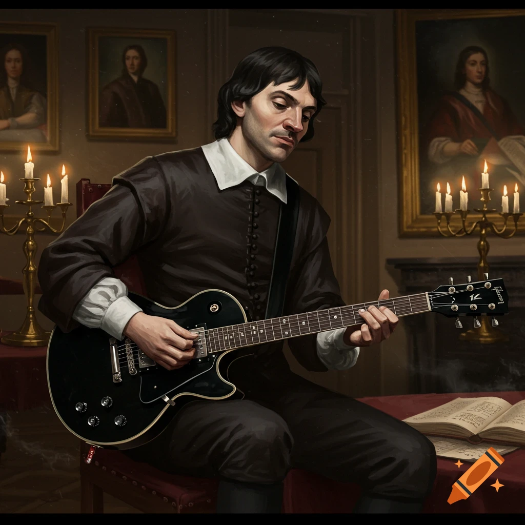 A man in historical attire, possibly René Descartes, plays a black Gibson Les Paul electric guitar in a candlelit room with paintings.