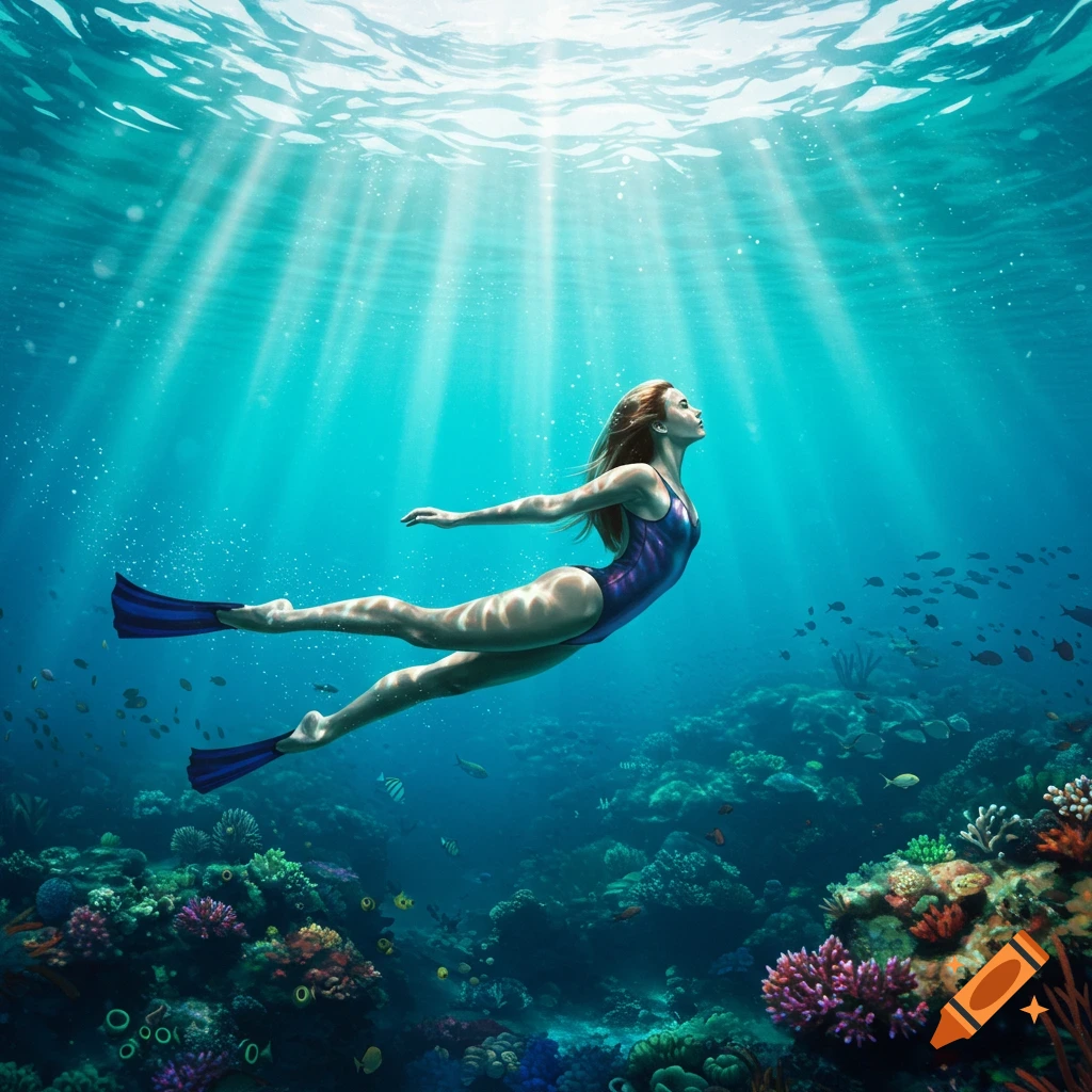 A woman in a purple swimsuit and fins swims gracefully in a vibrant underwater coral reef, with sun rays piercing the turquoise water.