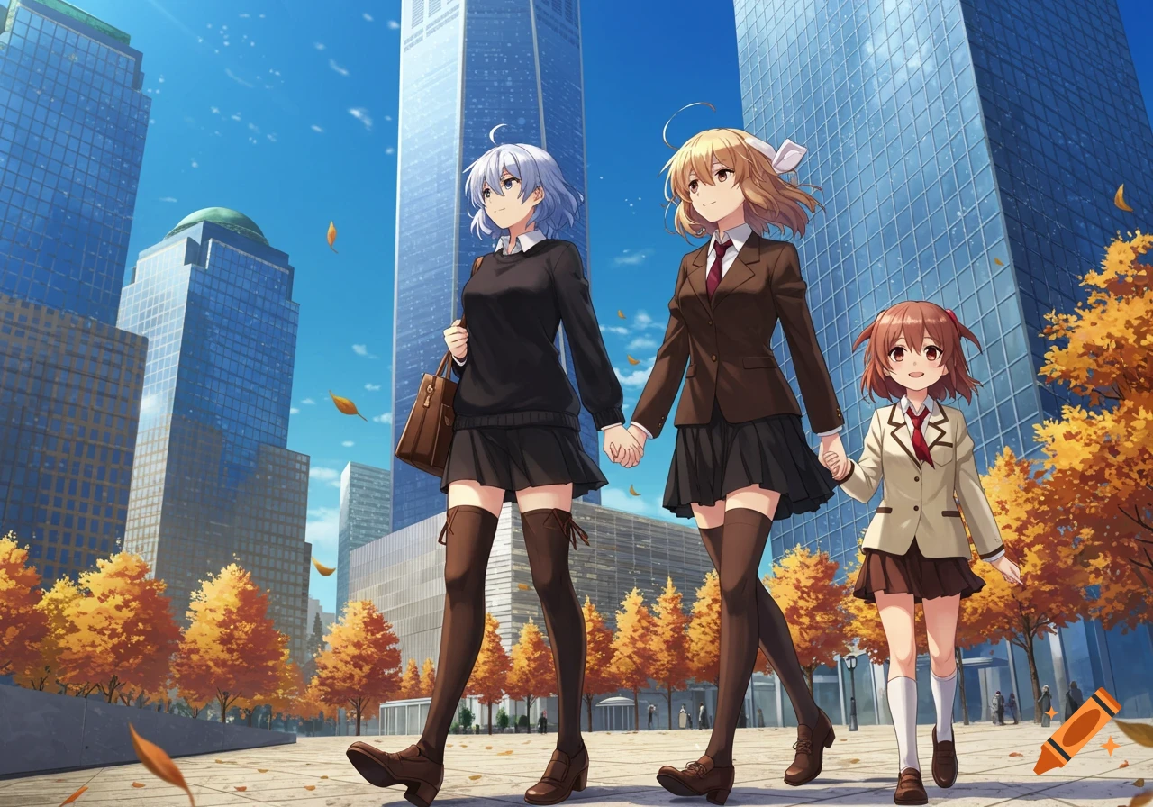 Three anime girls, two adults and one child, walk hand-in-hand down a city street lined with autumn trees and tall buildings under a blue sky.