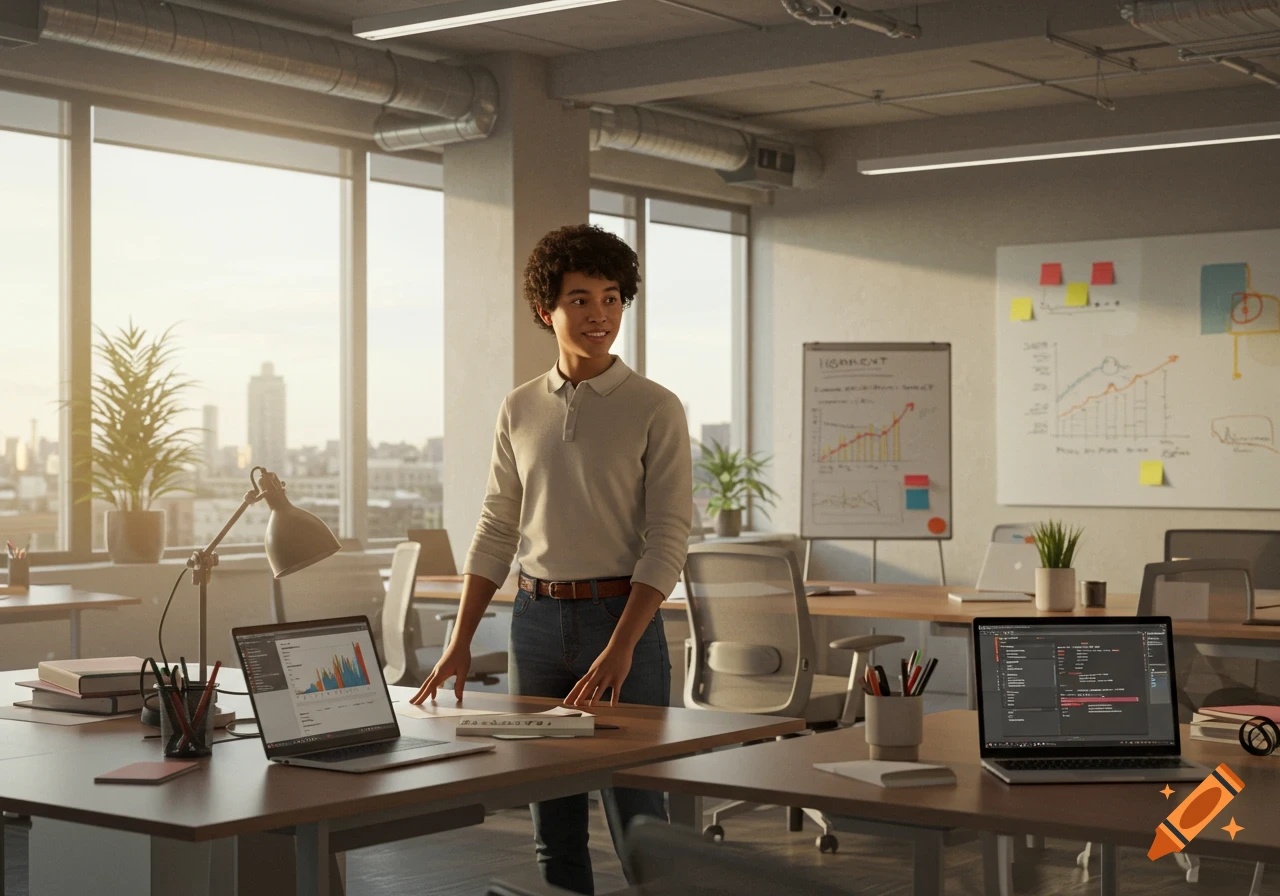 A young man with curly hair stands in a bright, modern office with laptops and whiteboards, overlooking a city skyline at sunset.