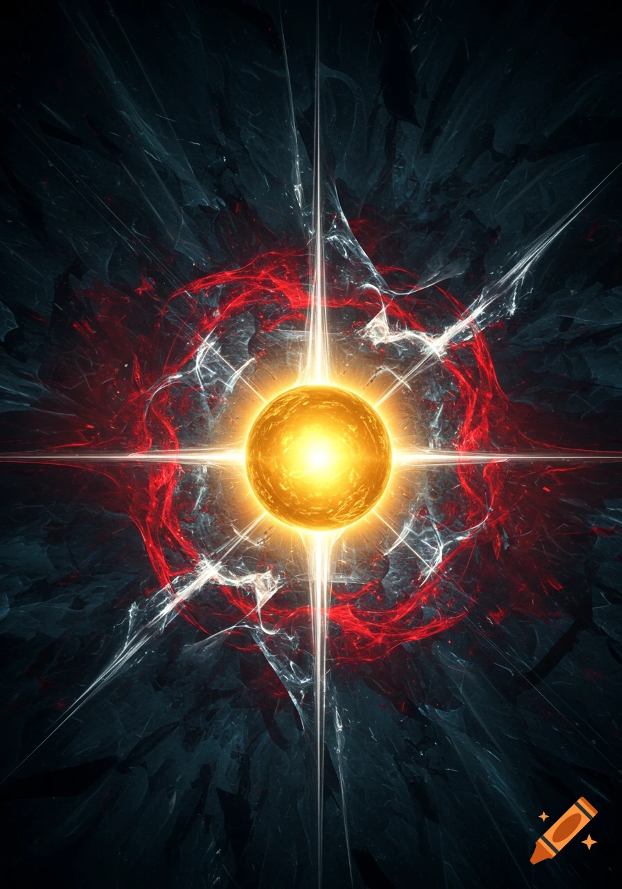A vibrant abstract image of a glowing golden orb with bright light rays and swirling red and white energy patterns on a dark, fractal background.