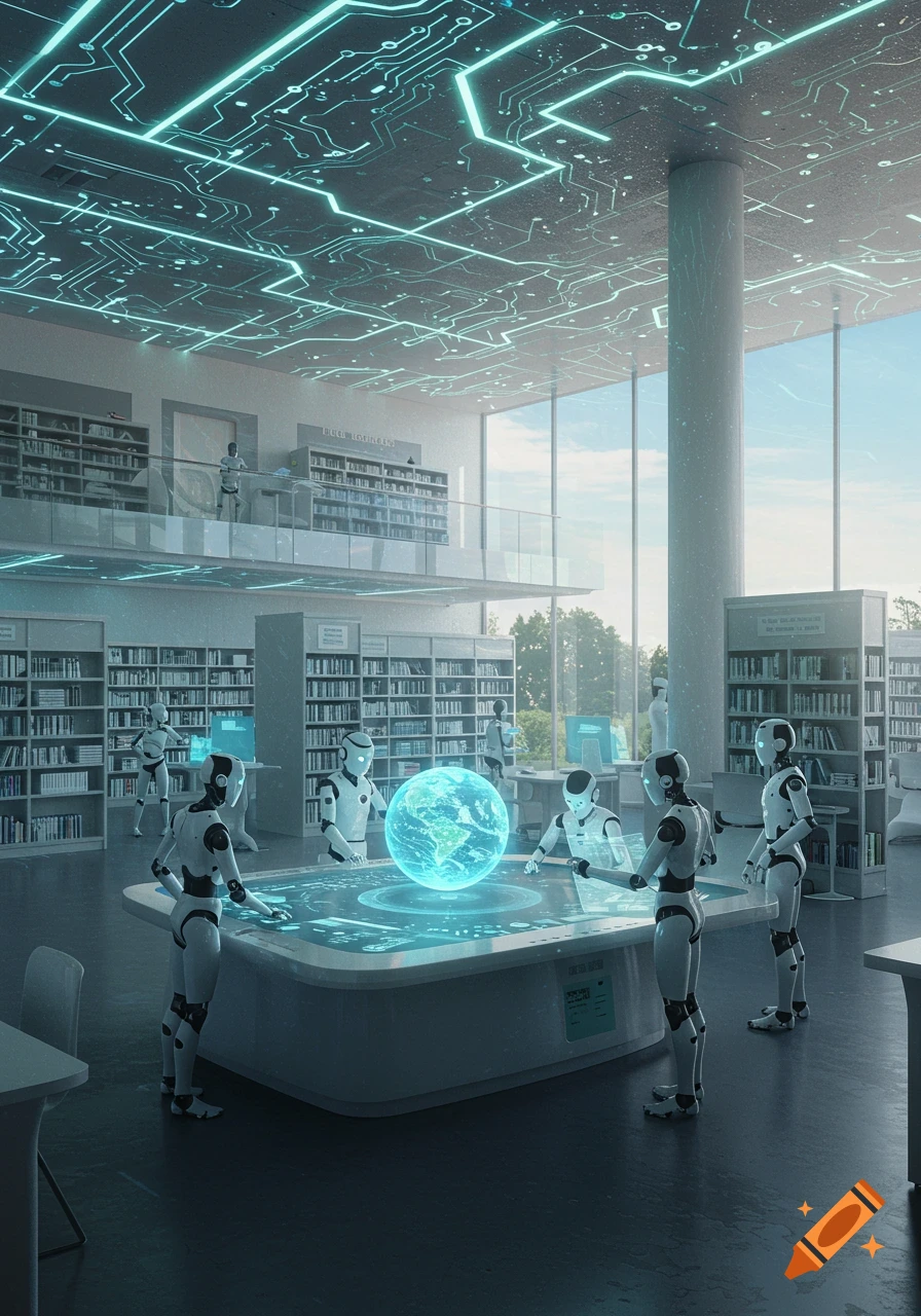Robots in a futuristic library, featuring glowing circuit patterns on the ceiling and an interactive table with a holographic Earth globe.
