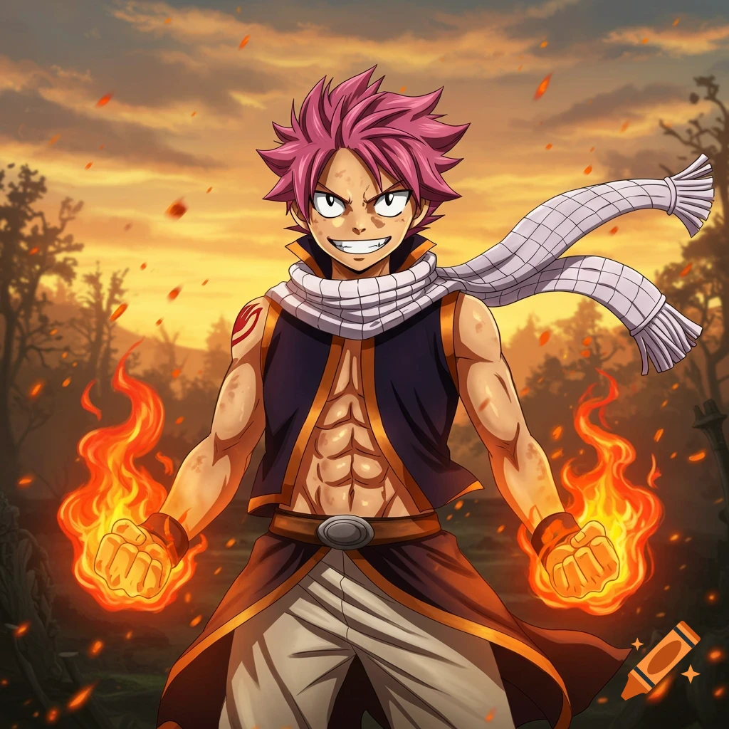 Anime character Natsu Dragneel with pink hair, shirtless, generating fire from his fists against a fiery sunset background.