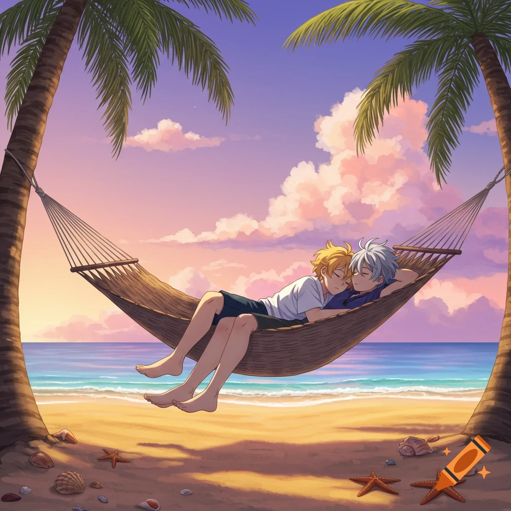 Two anime boys sleep peacefully in a hammock strung between palm trees on a sunny beach at sunset.