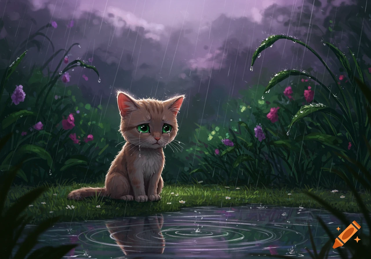 A sad, wide-eyed kitten with green eyes sits by a puddle in the pouring rain in a lush, dark garden at dusk, crying.