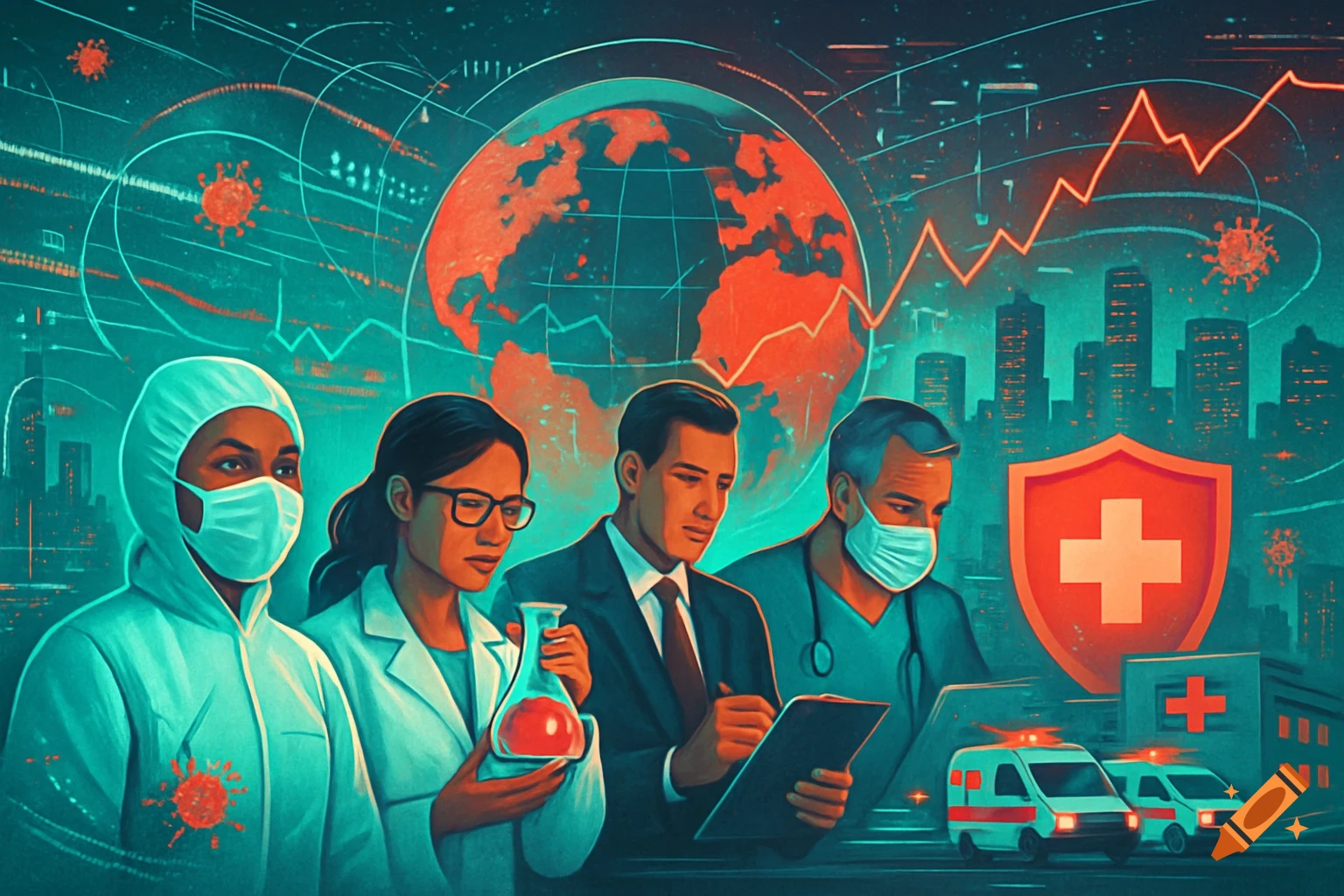 Stylized digital art of diverse professionals collaborating on global health, with a glowing red earth, virus particles, and city skyline in the background.