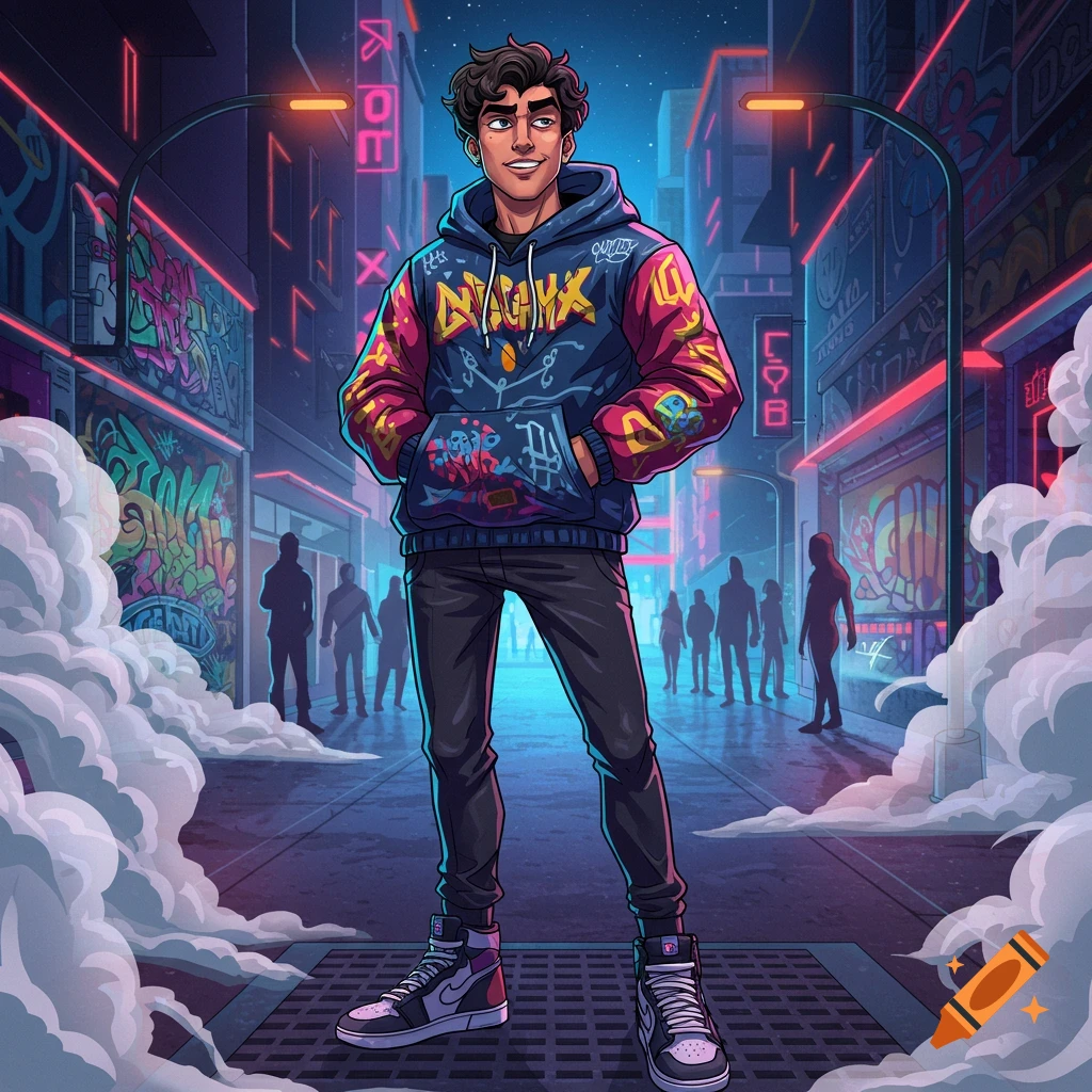 A cartoon illustration of a young man in a colorful streetwear hoodie and sneakers, standing in a neon-lit cyberpunk city street at night.