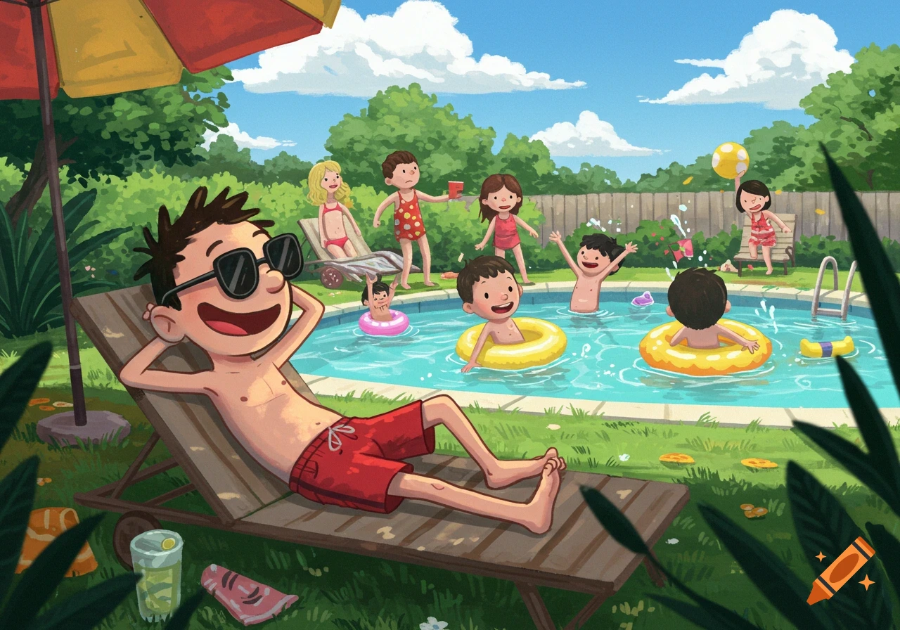 Cartoon illustration of children playing and relaxing by a swimming pool on a sunny day.